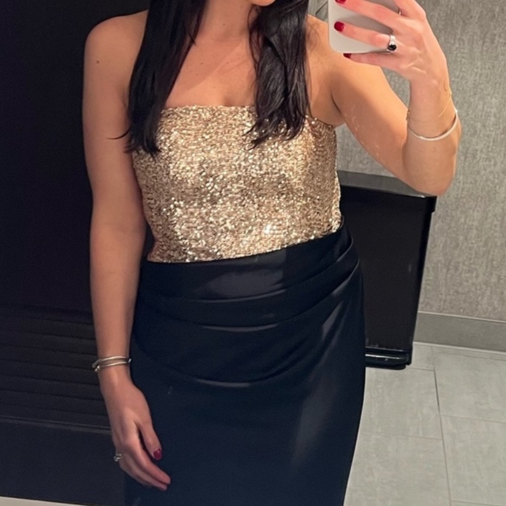 Betsy & Adam Gold Sequin Black Strapless Corset Gathered Draped Maxi Dress - Picture 6 of 13